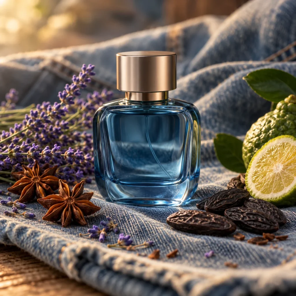 Unbranded blue perfume bottle on denim with star anise and lavender, a powdery fougère fragrance concept