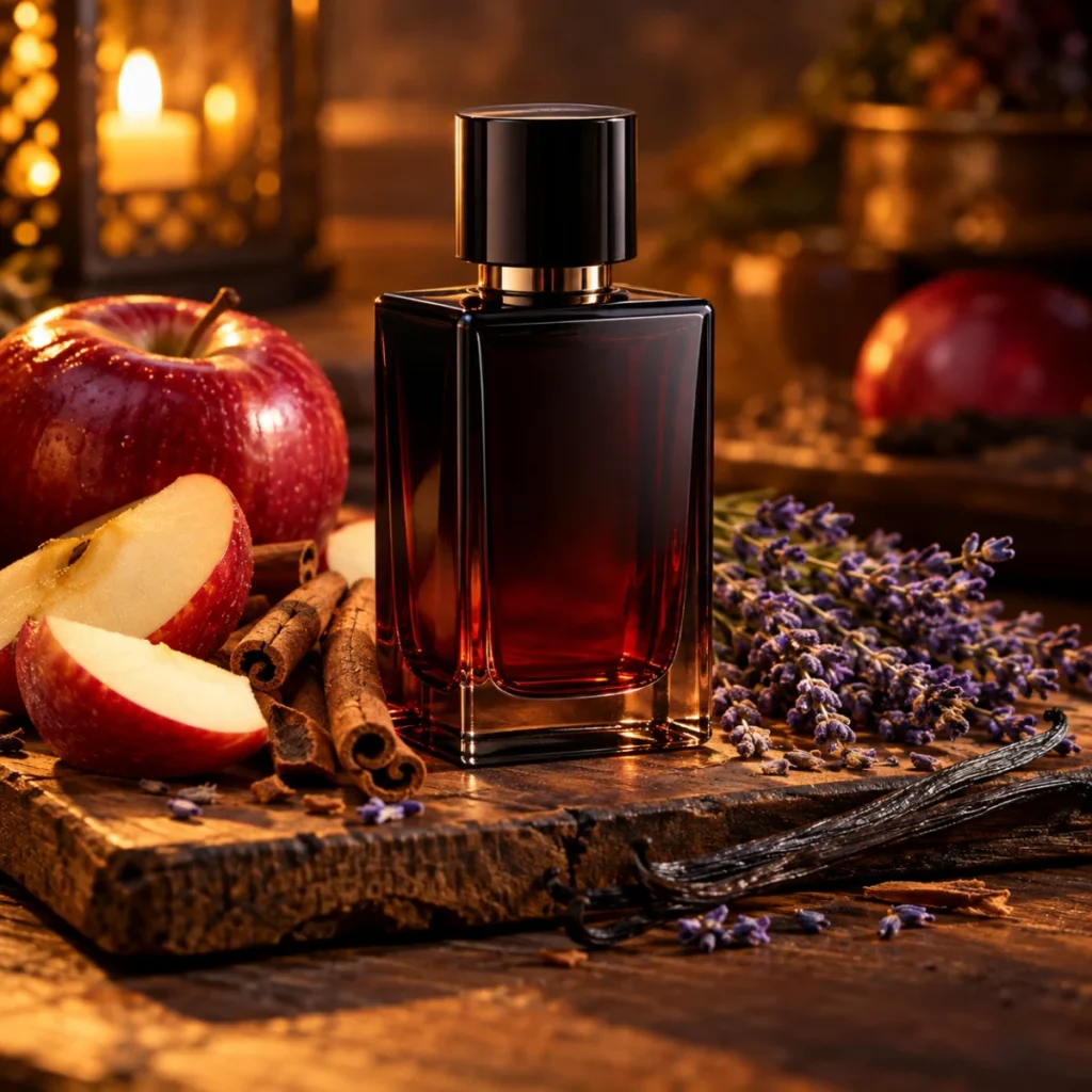 Unbranded perfume bottle with apple, cinnamon, lavender and vanilla, a sweet spicy men's fragrance concept
