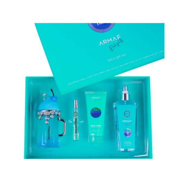 Armaf Island Bliss 4 piece gift set with eau de parfum, travel spray, body lotion and body mist in open turquoise box