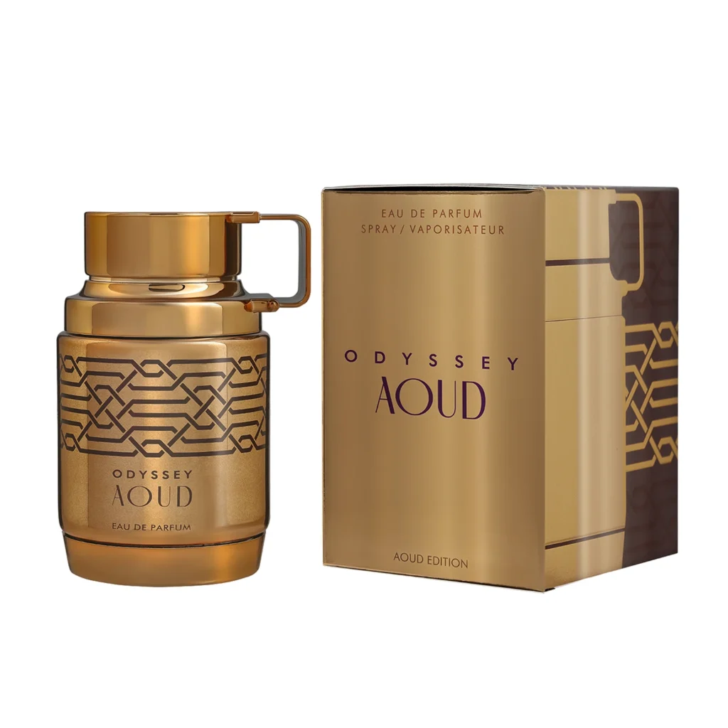 Armaf Odyssey Aoud 60ml Eau De Parfum bottle with gold presentation box