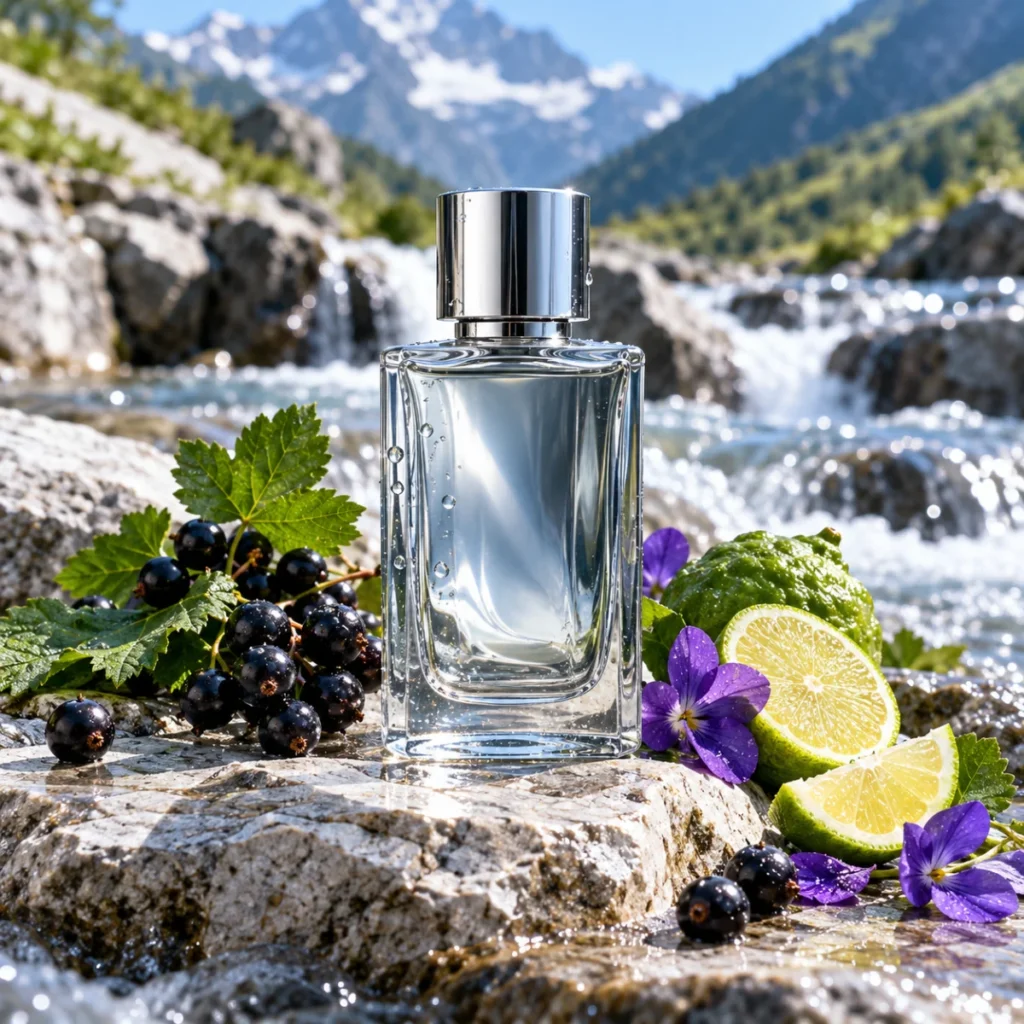 Unbranded silver perfume bottle with bergamot, blackcurrant leaves and violets by a mountain stream, a fresh citrus fragrance concept