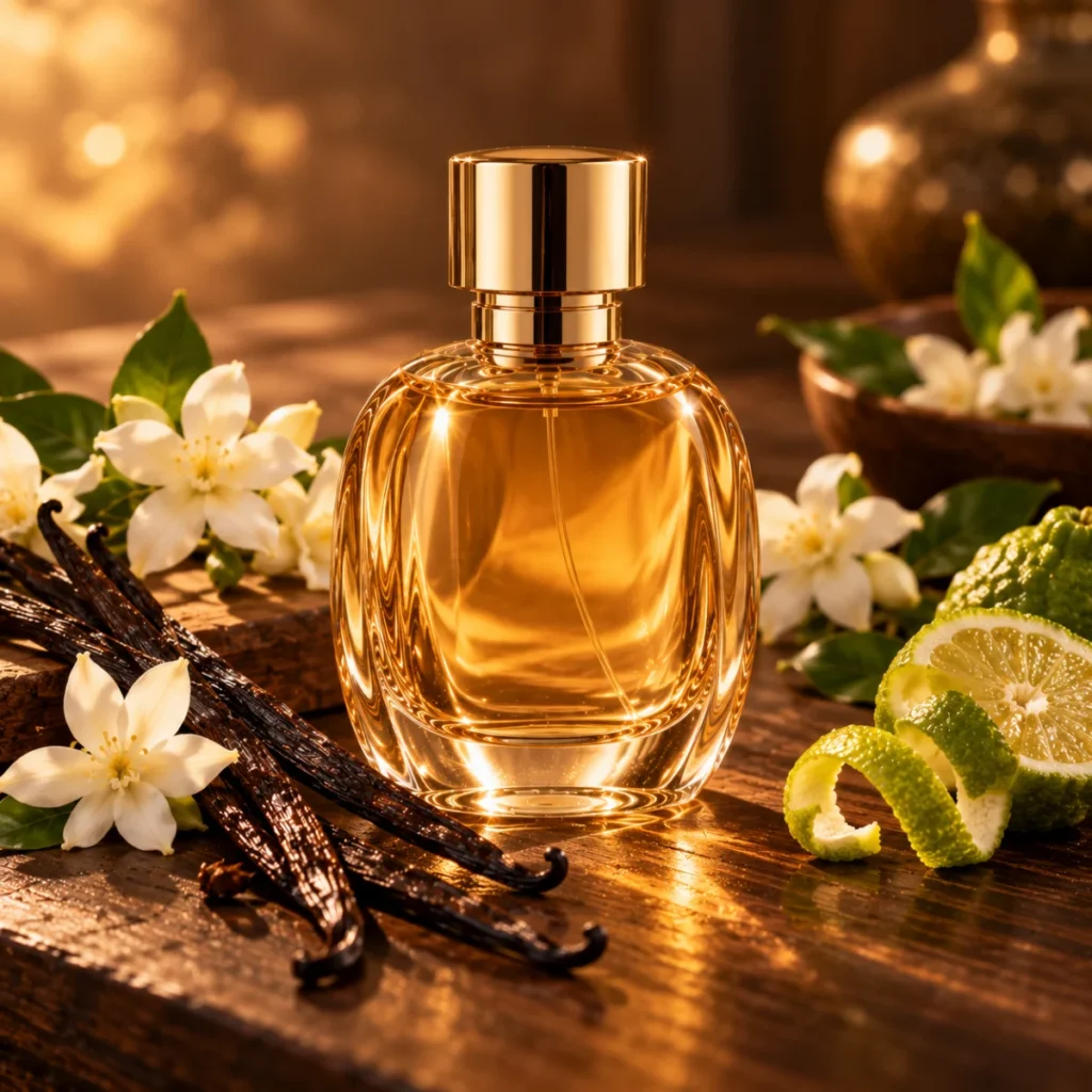 Unbranded golden perfume bottle with vanilla pods, jasmine and bergamot peel, a warm bourbon vanilla perfume concept