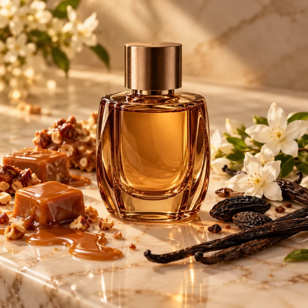 Unbranded caramel perfume bottle with caramel, praline and jasmine, a caramel vanilla gourmand concept