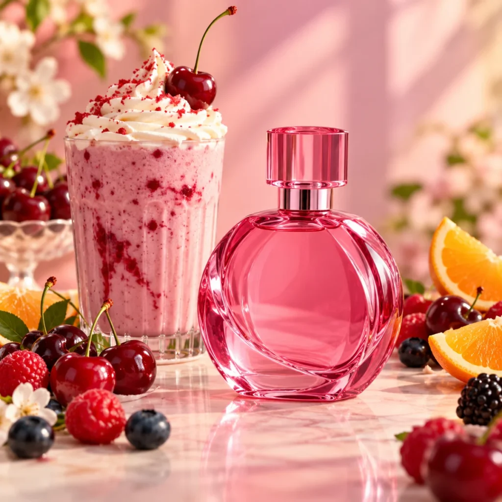 Unbranded pink perfume bottle with cherries, berries and a milkshake, a fruity gourmand perfume concept