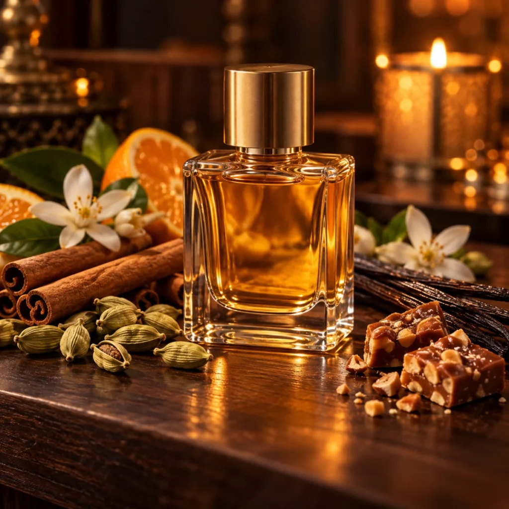 Unbranded golden perfume bottle with cinnamon, cardamom and praline, a spiced vanilla fragrance concept