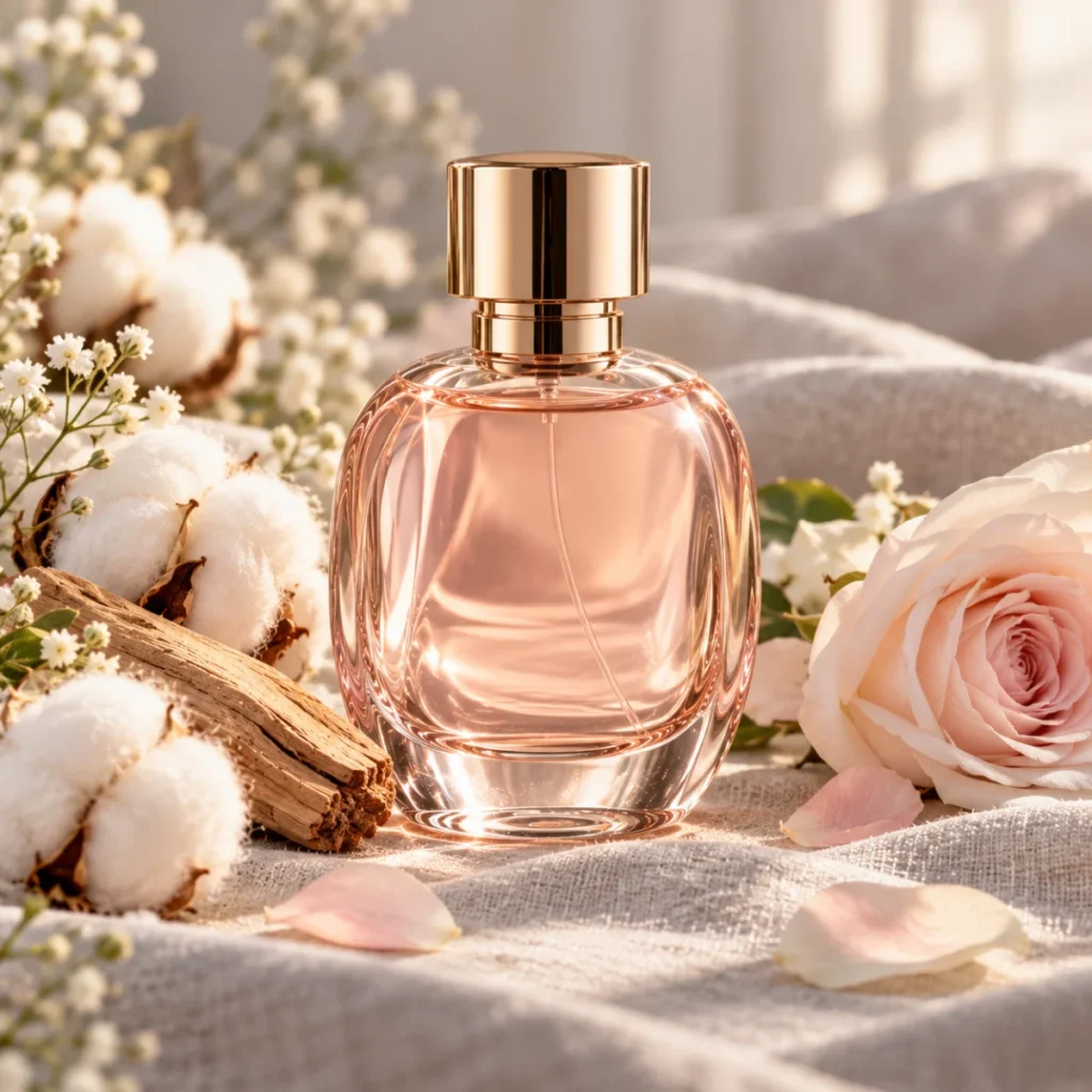 Unbranded pink perfume bottle with cotton flowers and a pale rose, a clean musk perfume concept