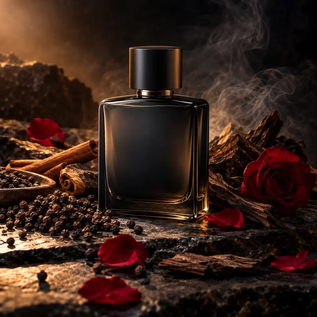 Unbranded black perfume bottle with pepper, cinnamon and dark woods, a dark spicy men's fragrance concept