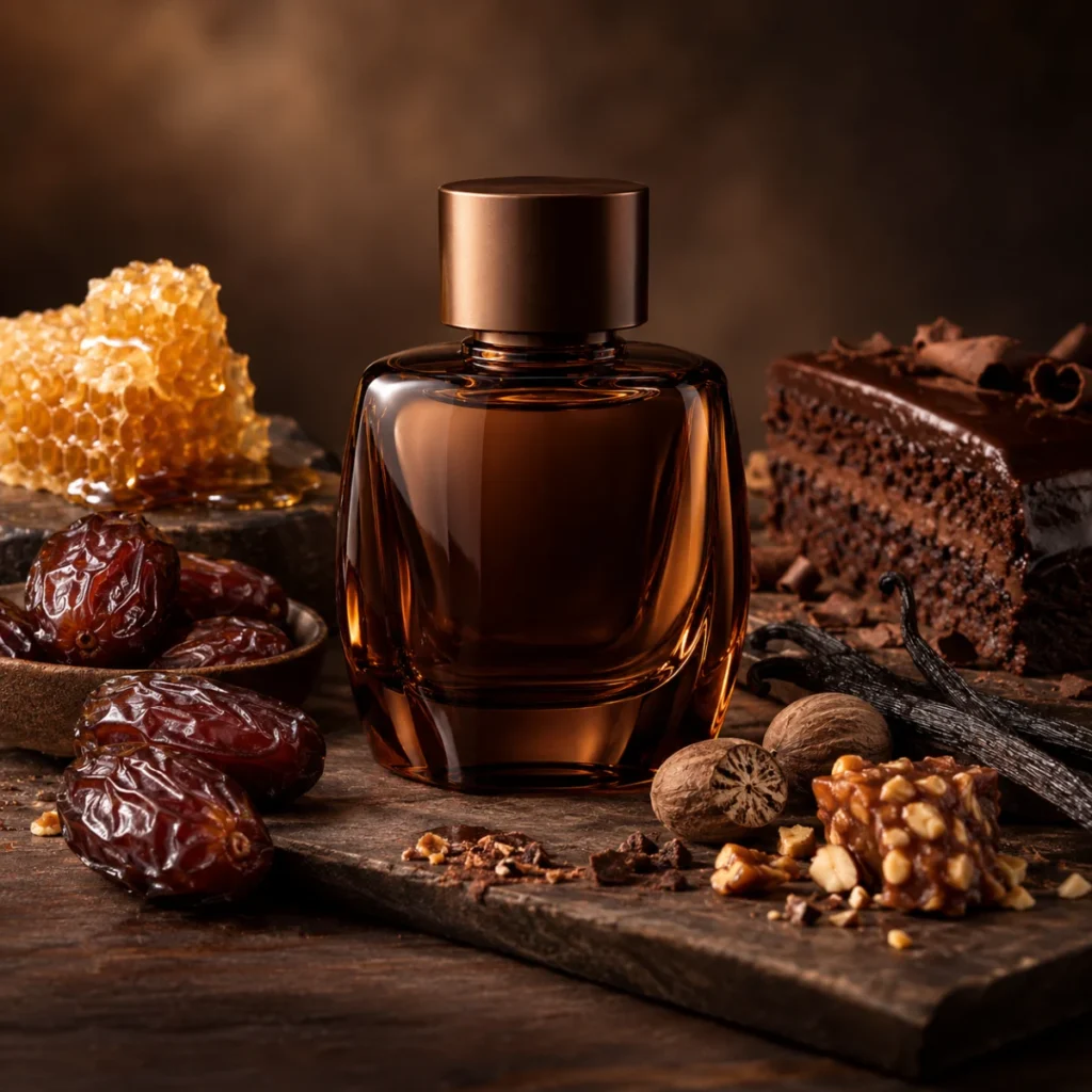 Unbranded brown perfume bottle with dates, honey and praline, a rich dessert gourmand perfume concept