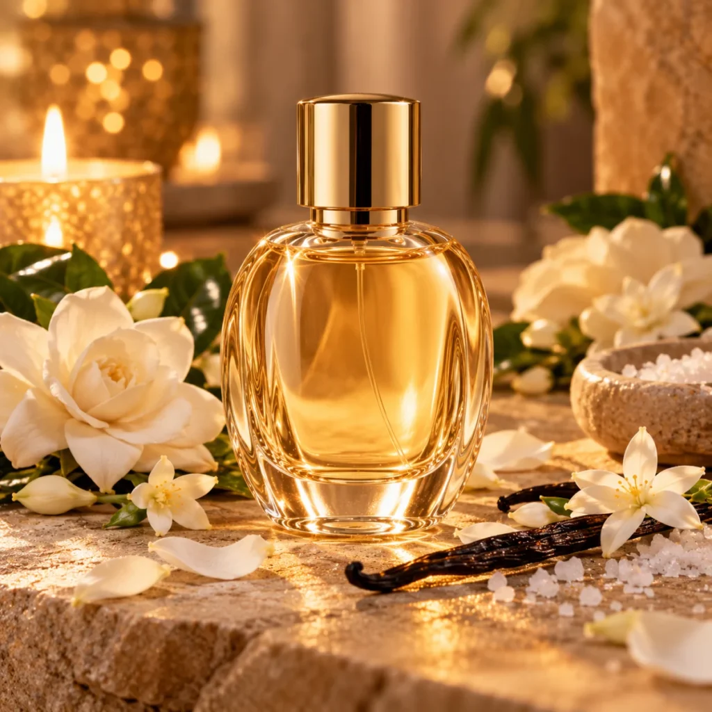 Unbranded perfume bottle with jasmine petals, vanilla pod and sea salt, a warm floral salty-vanilla perfume concept