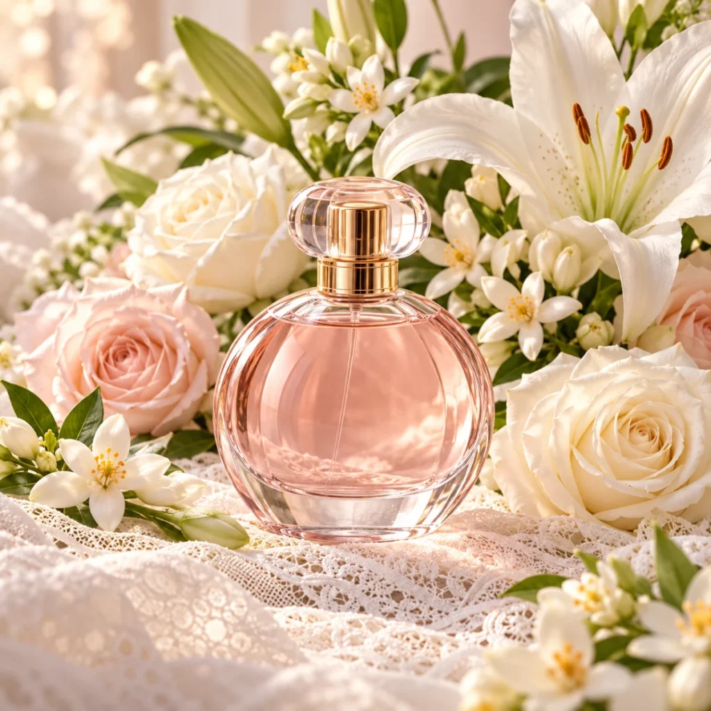 Unbranded perfume bottle with a lush white flower bouquet, a romantic floral perfume concept
