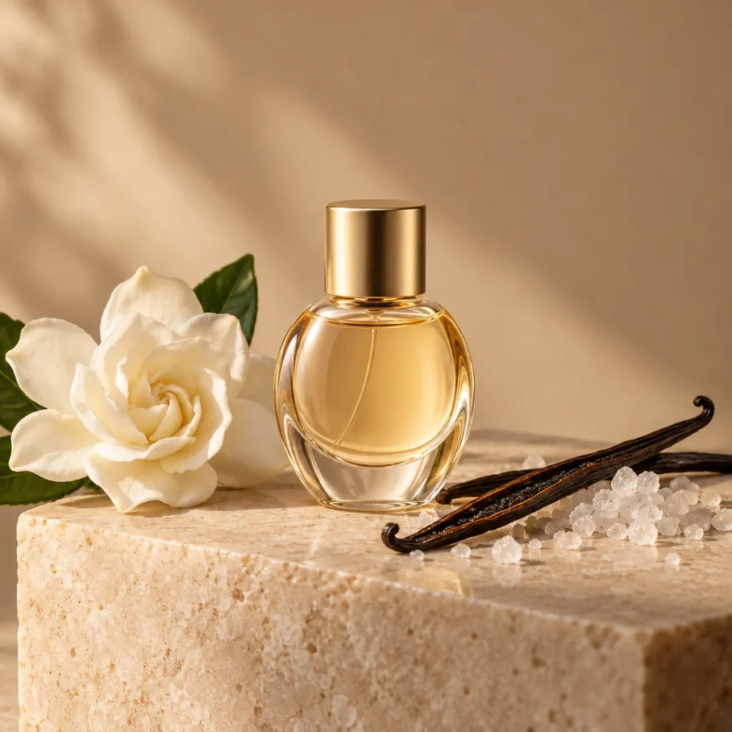 Small unbranded perfume bottle with gardenia, sea salt and vanilla, a floral salty-vanilla scent concept