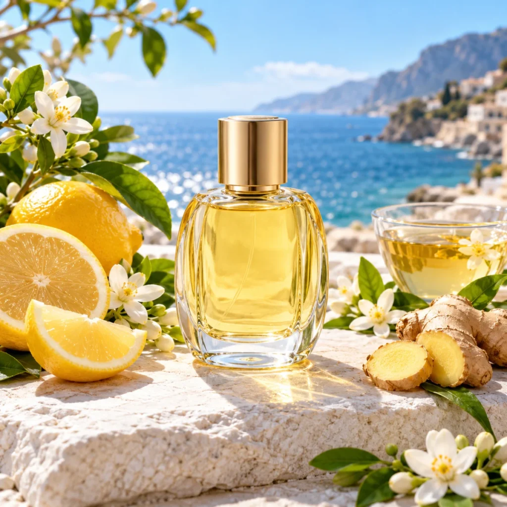 Unbranded yellow perfume bottle with lemons and orange blossom by the sea, a fresh citrus fragrance concept