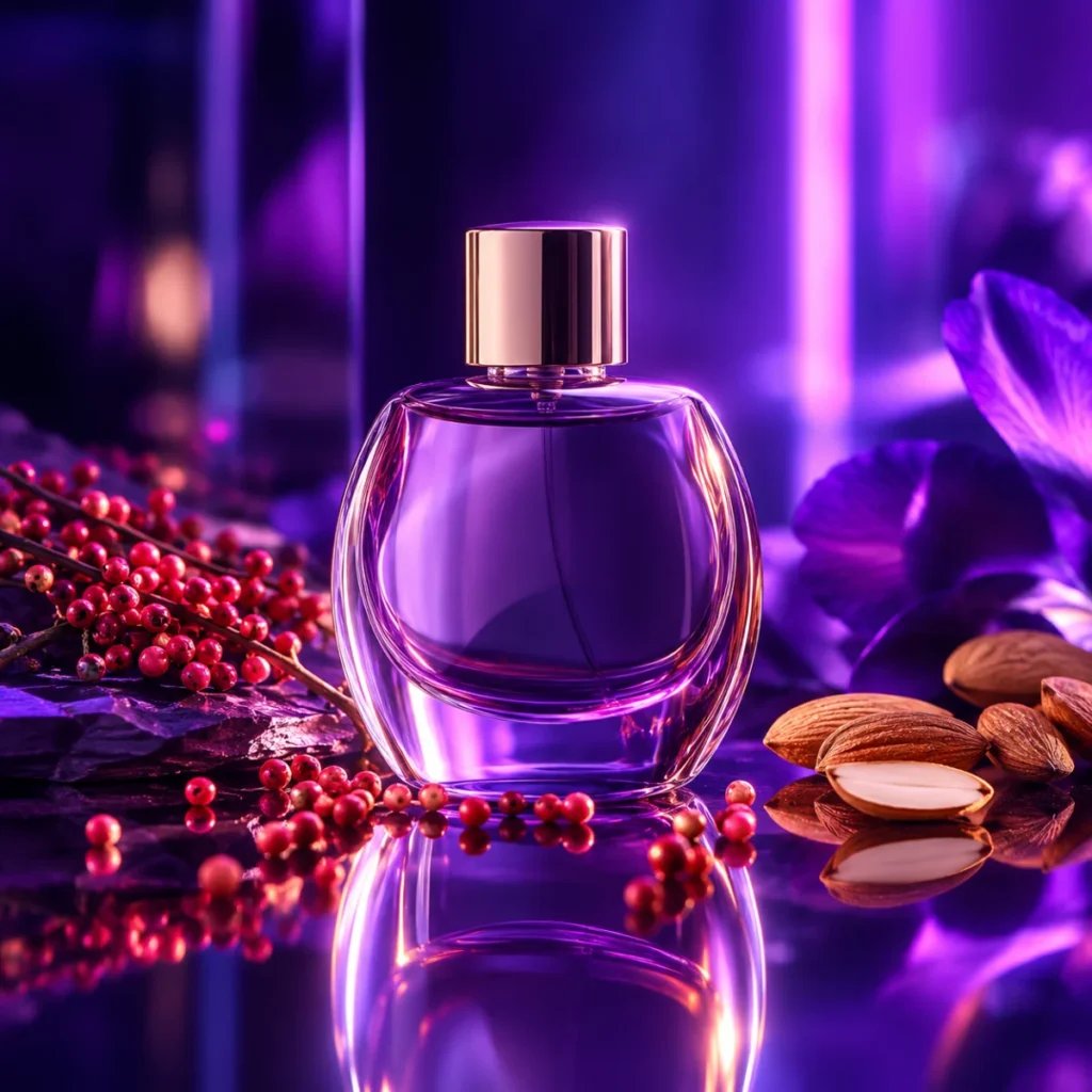 Unbranded violet perfume bottle in ultraviolet light with pink pepper, a futuristic perfume concept