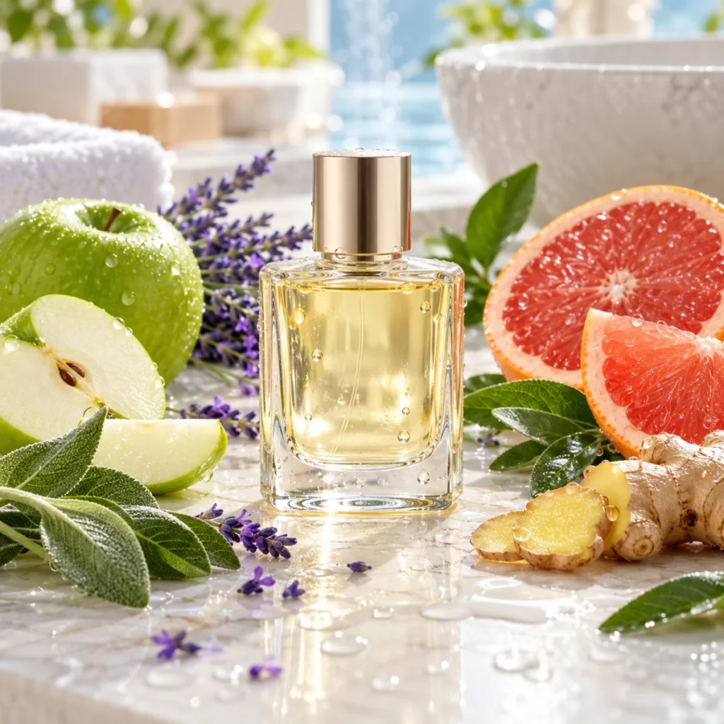 Unbranded clear perfume bottle with green apple, grapefruit and lavender, a clean fresh men's fragrance concept
