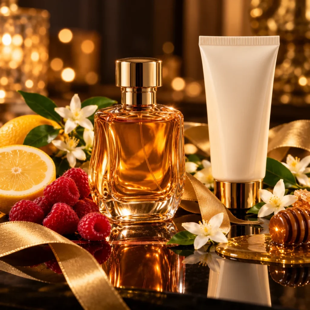 Unbranded gold perfume bottle and lotion tube with raspberries, honey and orange blossom, a sweet floral perfume gift set concept