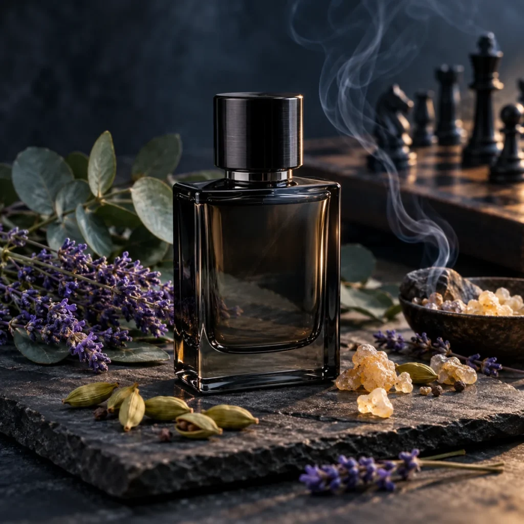 Unbranded black perfume bottle with incense, cardamom and eucalyptus, an aromatic incense fragrance concept