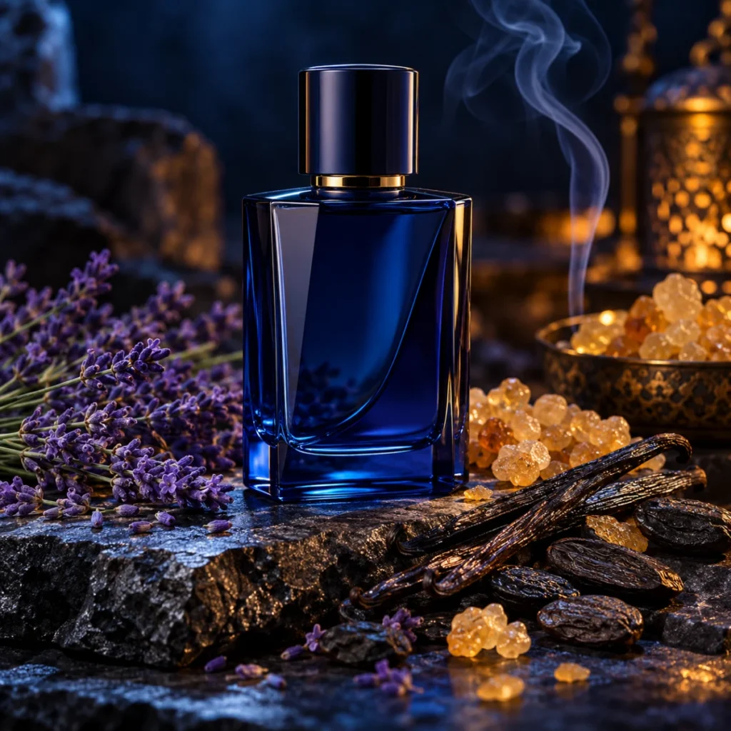 Unbranded dark blue perfume bottle with lavender, frankincense and vanilla, an incense amber men's fragrance concept