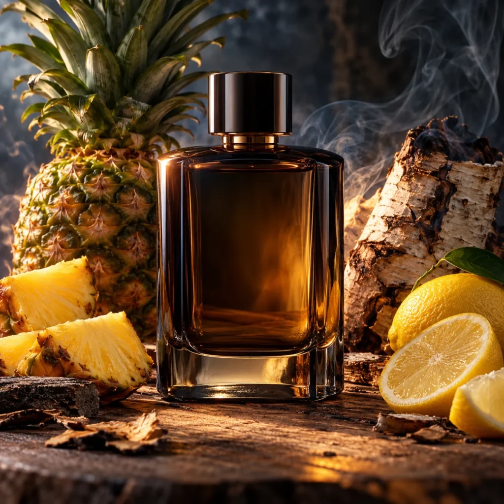 Large unbranded perfume bottle with pineapple, lemons and a birch log, a fruity smoky fragrance concept