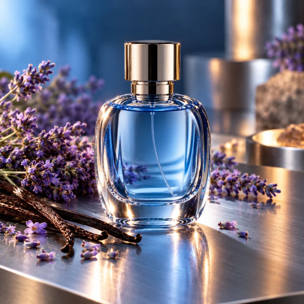 Unbranded blue perfume bottle with lavender and vanilla pod, a modern men's lavender-vanilla fragrance concept