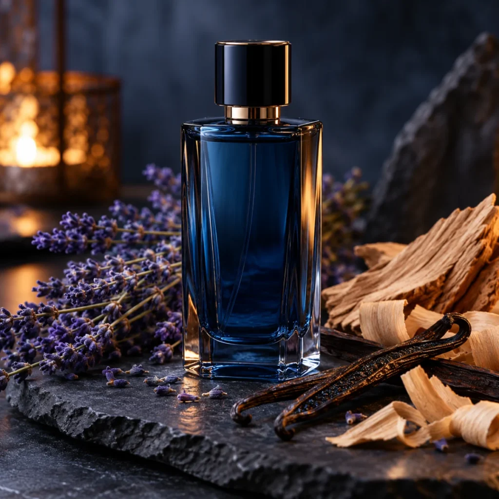 Unbranded tall blue perfume bottle with lavender, vanilla and cedar wood, a men's lavender-vanilla scent concept