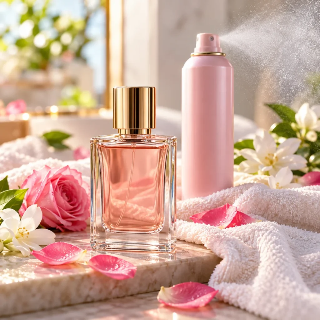 Unbranded pink body spray can with a fine mist and petals, a light body spray concept