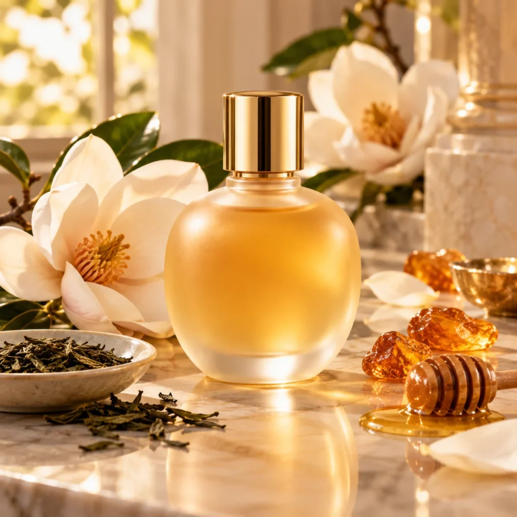 Unbranded perfume bottle with magnolia flowers, green tea and honey, a honeyed white floral perfume concept