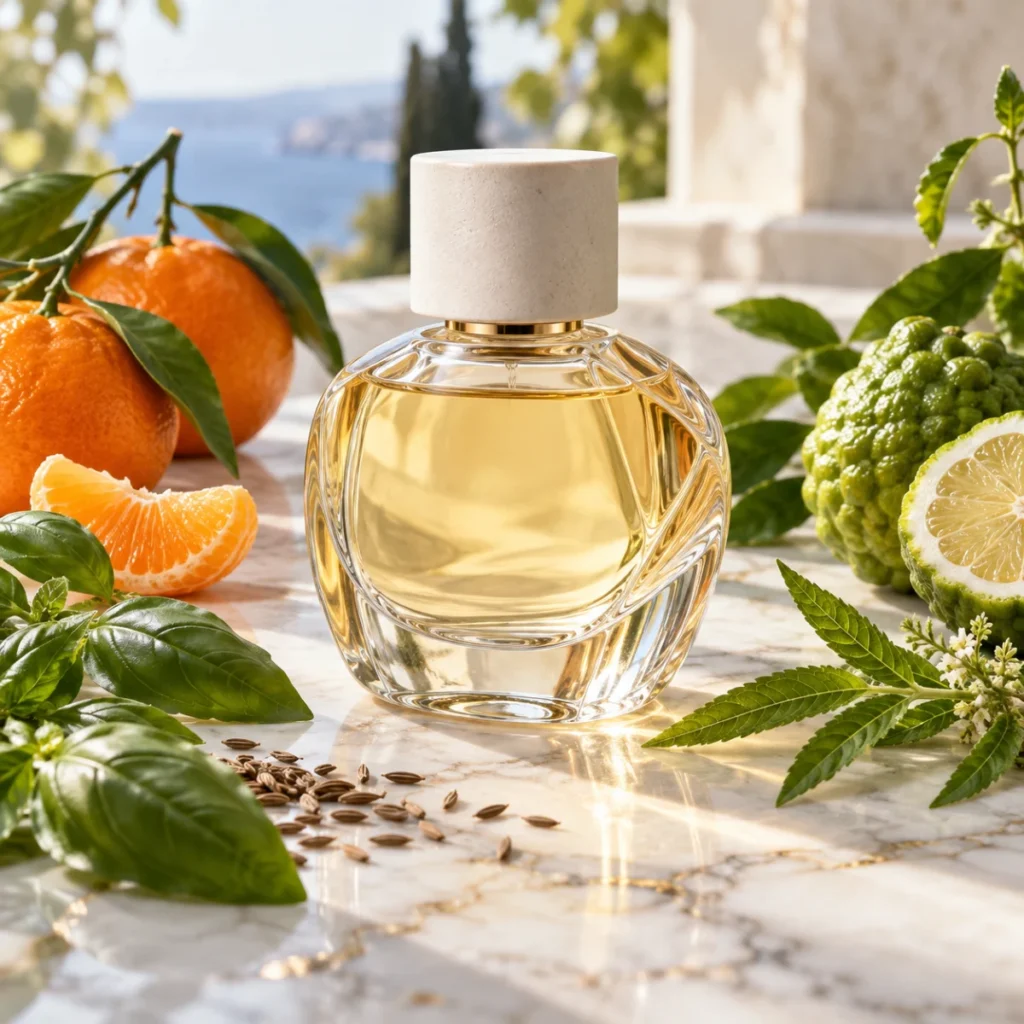 Unbranded clear perfume bottle with mandarin, bergamot and fresh basil, an aromatic citrus fragrance concept