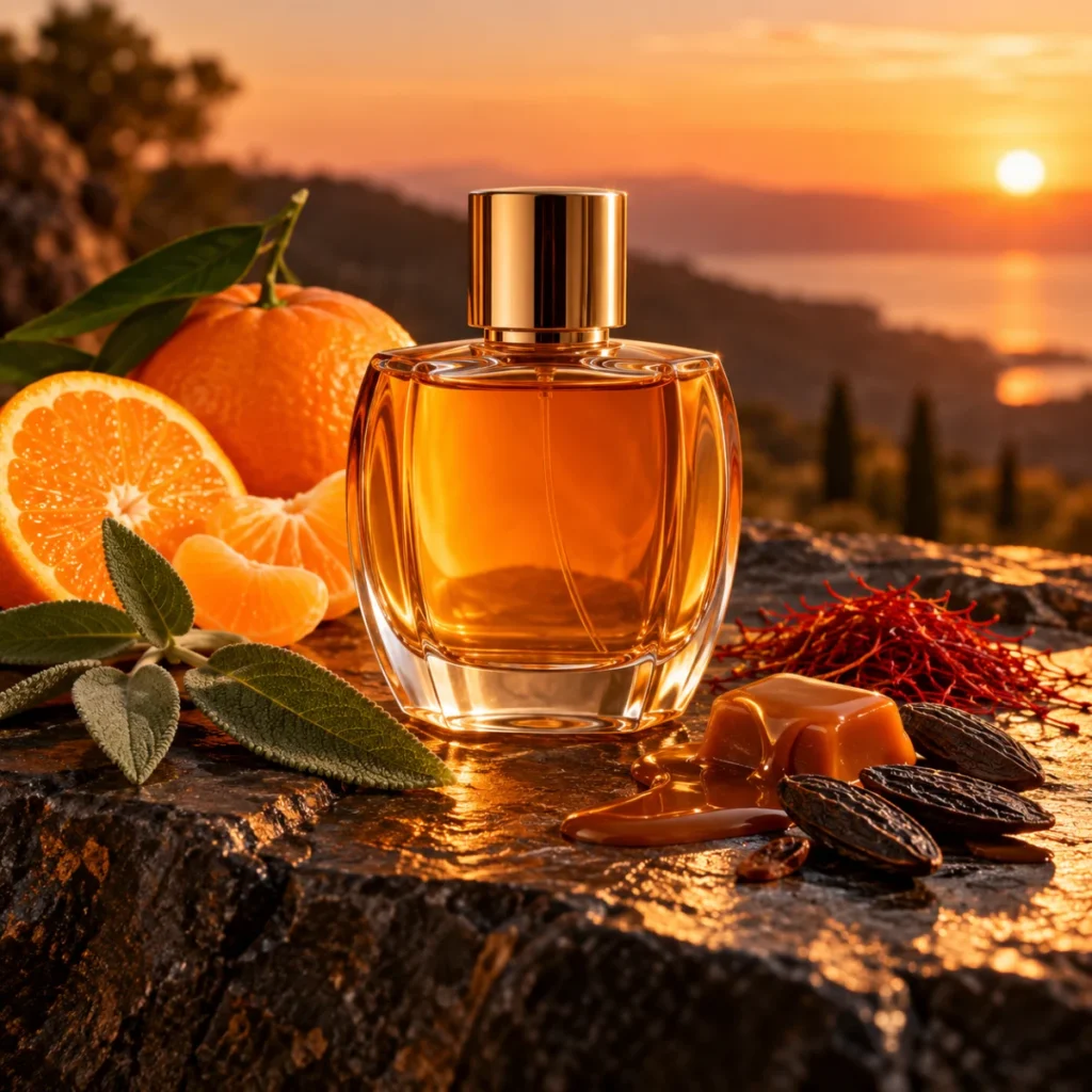Unbranded orange perfume bottle with mandarin, caramel and sage, a citrus caramel men's fragrance concept