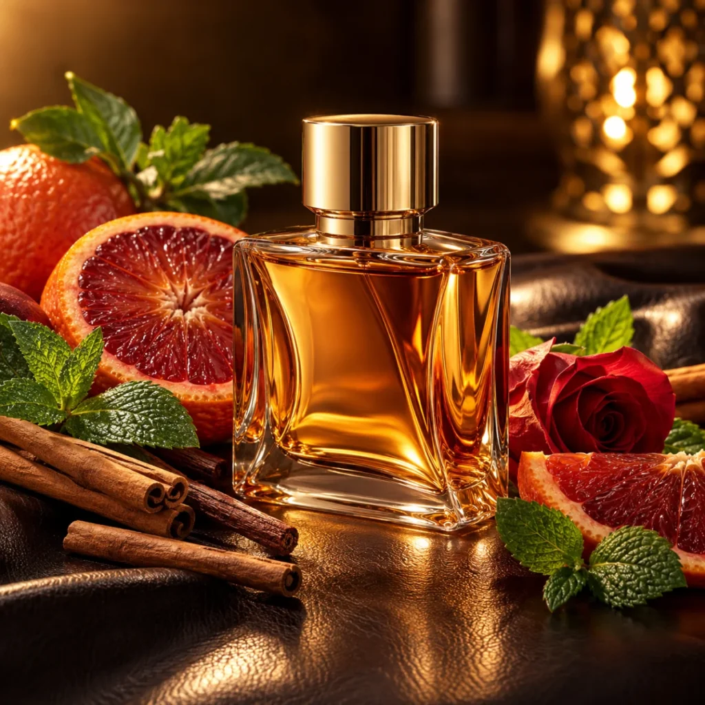 Unbranded amber perfume bottle with blood orange, cinnamon and leather, a spicy sweet men's fragrance concept