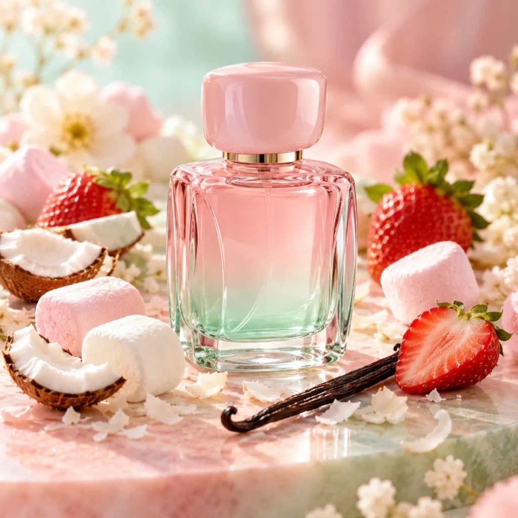 Unbranded pastel perfume bottle with marshmallows, strawberries and coconut, a sweet gourmand perfume concept