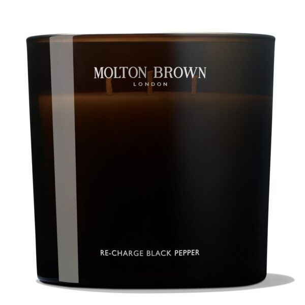 Molton Brown Re-charge Black Pepper three-wick scented candle 600g in dark glass, front view