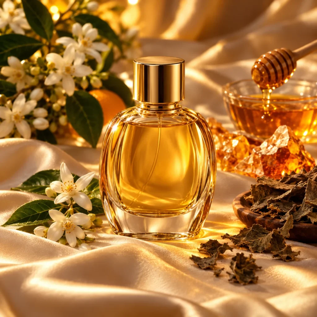 Unbranded gold perfume bottle with orange blossom, honey and amber, a luminous amber floral perfume concept