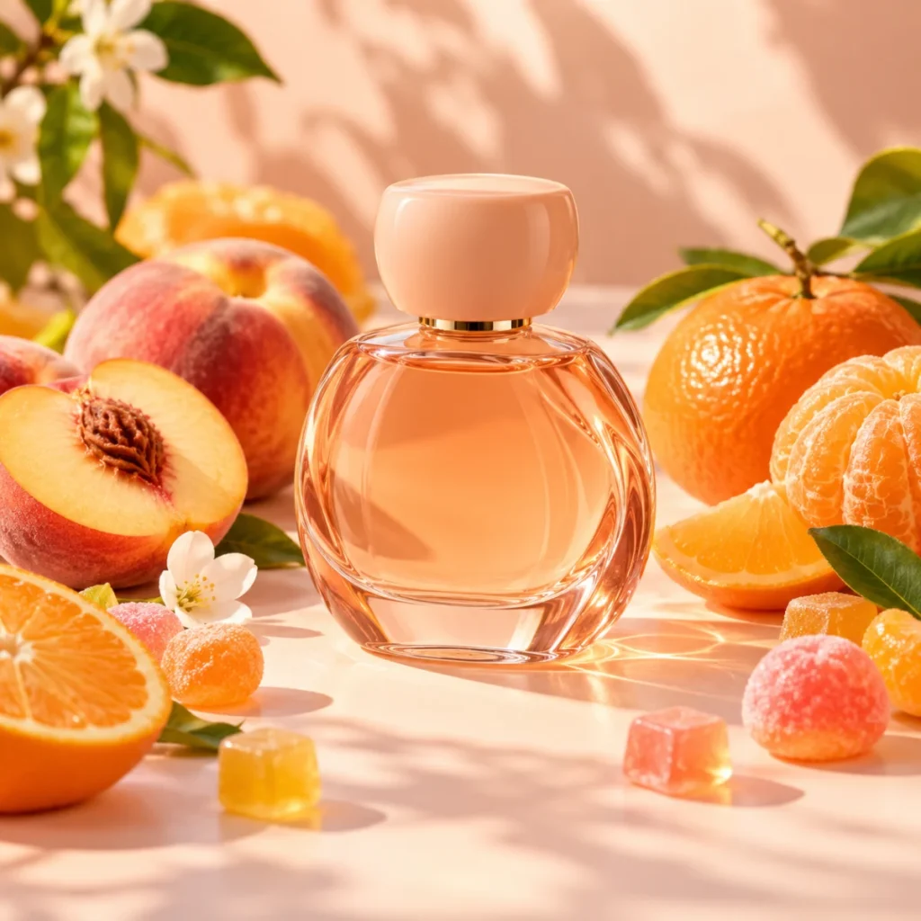 Unbranded peach perfume bottle with peaches and tangerines, a light fruity gourmand perfume concept