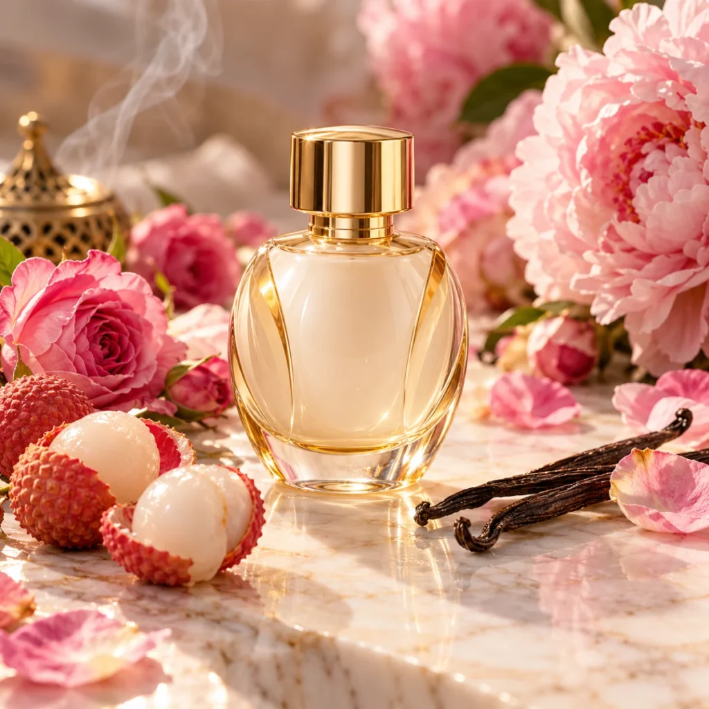 Unbranded white perfume bottle with lychees, roses and peonies, a rose vanilla perfume concept
