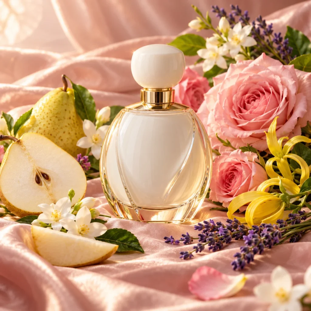 Unbranded white perfume bottle with pear, roses and jasmine, a soft floral vanilla perfume concept