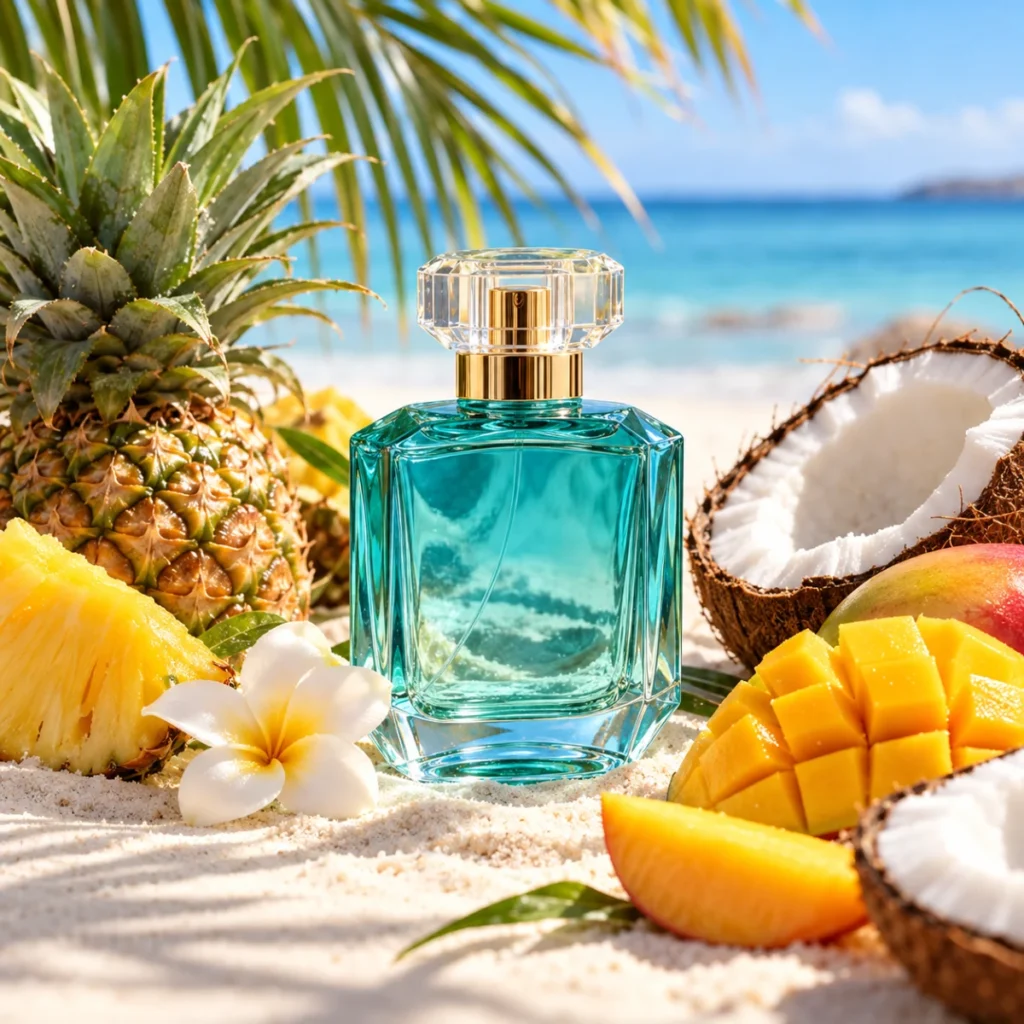 Unbranded turquoise perfume bottle with coconut and tropical fruit on sand, a tropical gourmand perfume concept