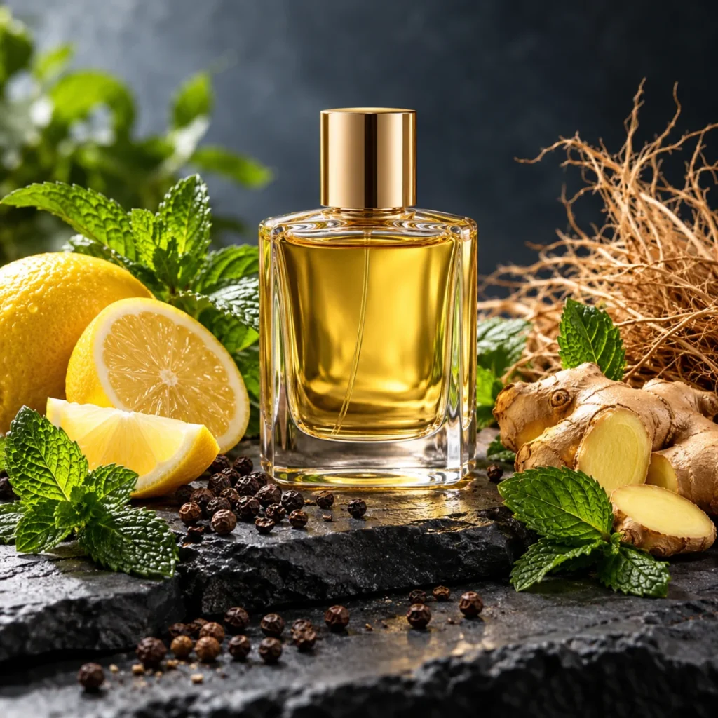 Unbranded perfume bottle with black pepper, lemon, mint and ginger, a fresh spicy men's fragrance concept