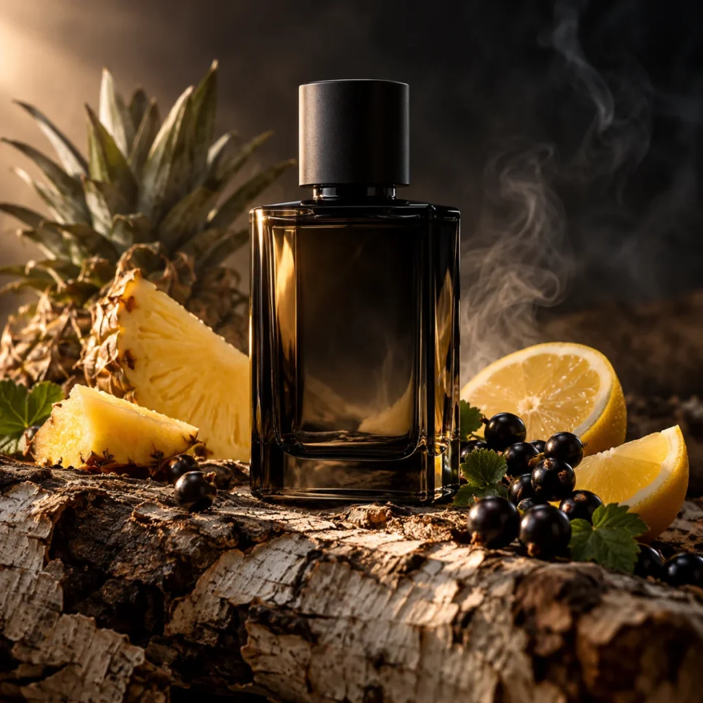 Unbranded dark perfume bottle with pineapple, lemon, blackcurrant and birch smoke, a fruity smoky men's fragrance concept