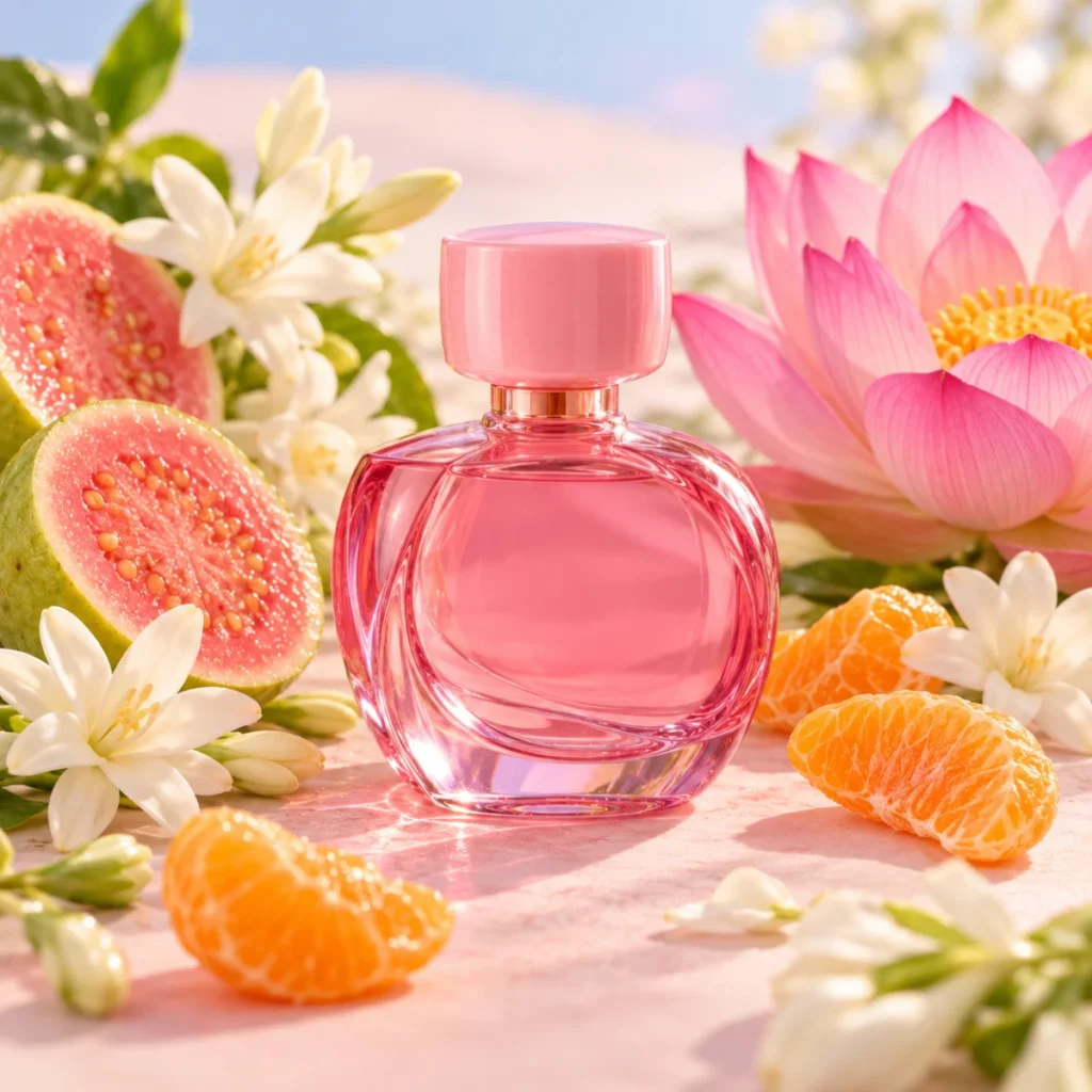 Unbranded pink perfume bottle with guava, mandarin and tuberose, a fruity floral perfume concept