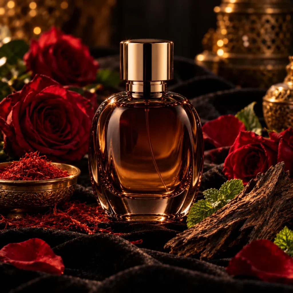 Unbranded dark perfume bottle with red roses, saffron and oud wood, a bold rose and oud perfume concept