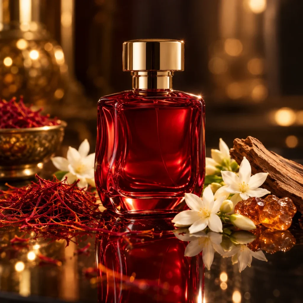 Unbranded red perfume bottle with saffron, jasmine and amber resin, a saffron amberwood perfume concept