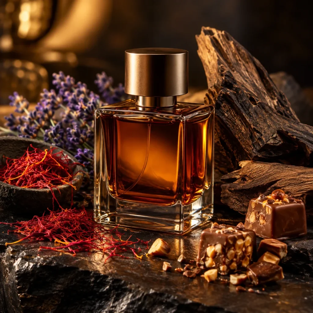 Unbranded dark perfume bottle with saffron, praline and oud wood, a sweet saffron oud fragrance concept