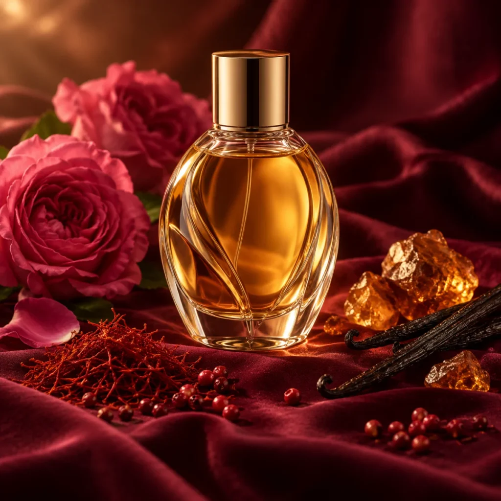 Unbranded gold perfume bottle with roses, saffron and vanilla, a saffron rose amber perfume concept