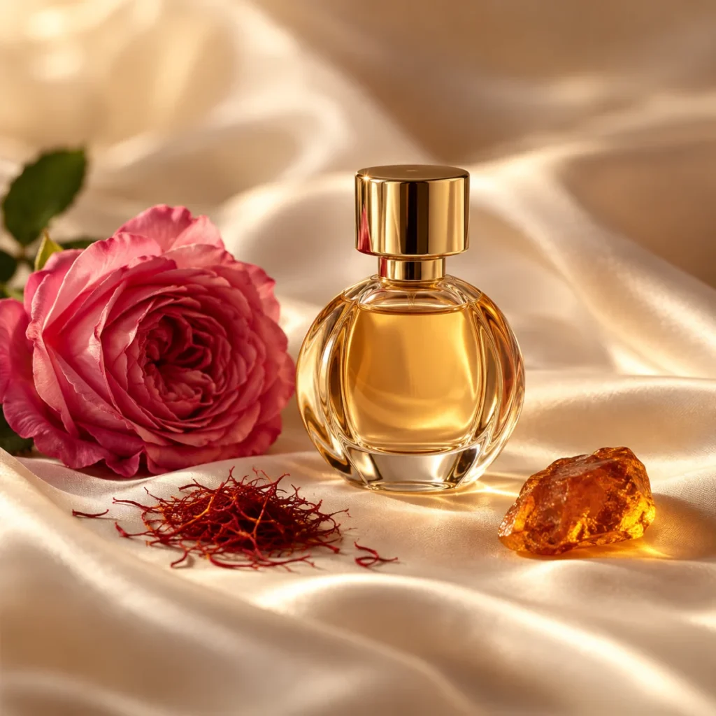 Small unbranded gold perfume bottle with a rose and saffron, a saffron rose perfume concept