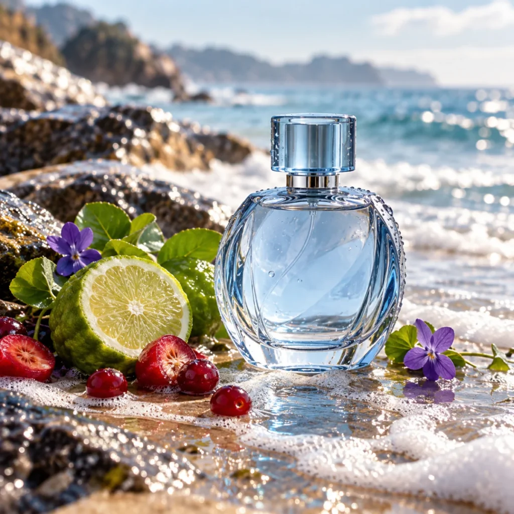 Unbranded blue perfume bottle on wet sand with red berries and bergamot, a salty aquatic fragrance concept