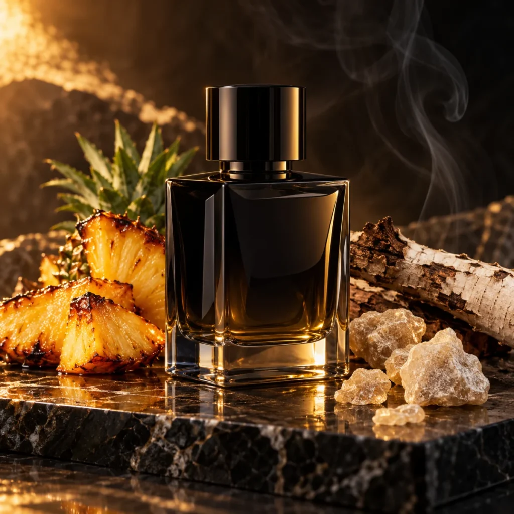 Unbranded black parfum bottle with pineapple, birch bark and smoke, a smooth smoky men's parfum concept