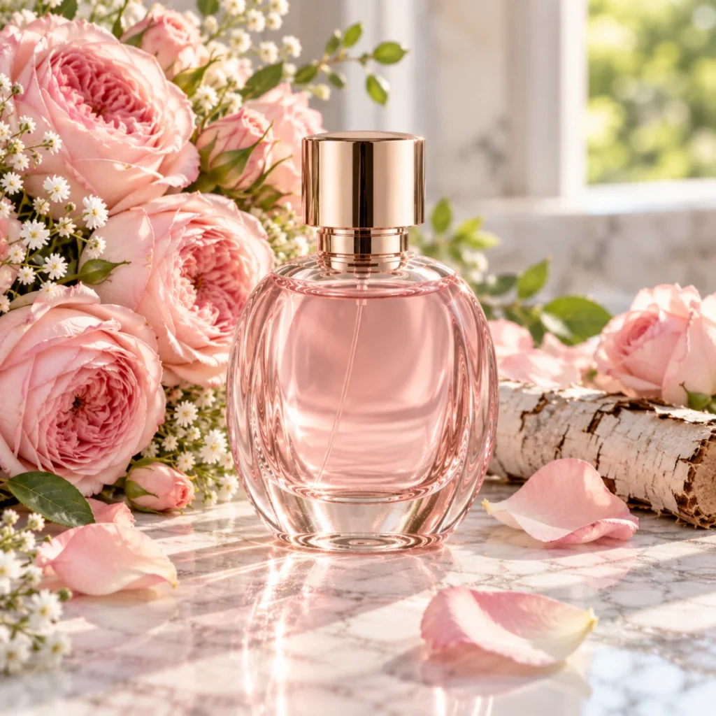 Unbranded pale pink perfume bottle with garden roses, a soft rose floral perfume concept