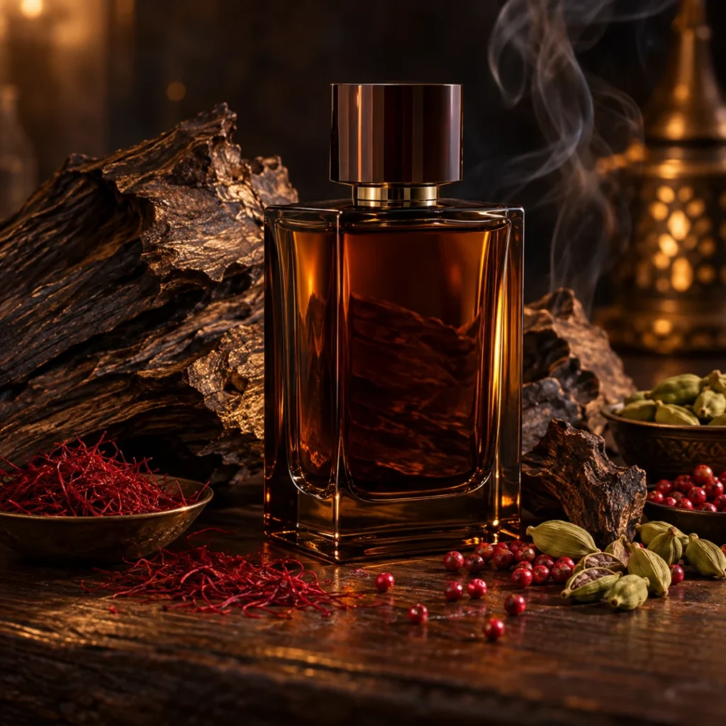 Unbranded brown perfume bottle with oud wood, saffron and spices, a smoky oud fragrance concept