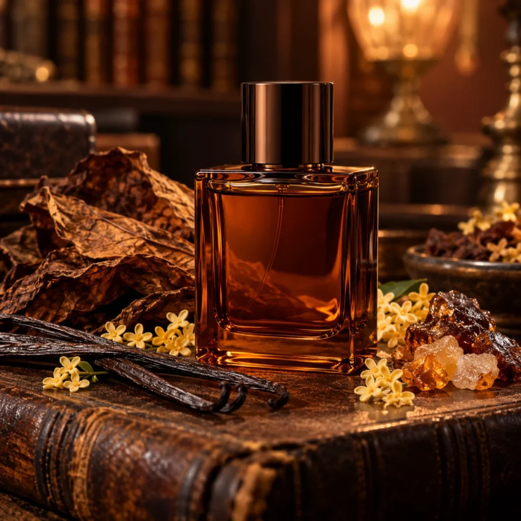 Unbranded brown perfume bottle with tobacco leaves, vanilla and resin, a tobacco vanilla fragrance concept