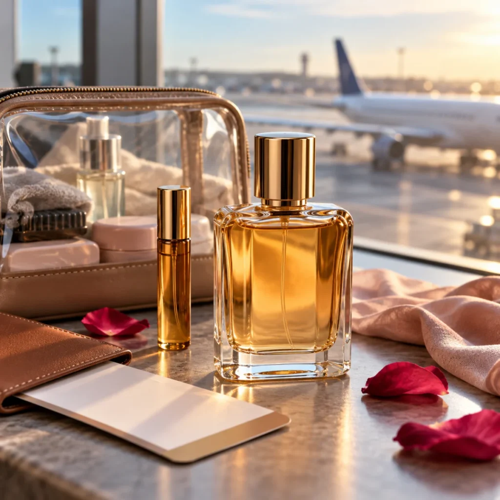 Small unbranded travel perfume bottle with a clear toiletry bag, a flight-safe perfume concept